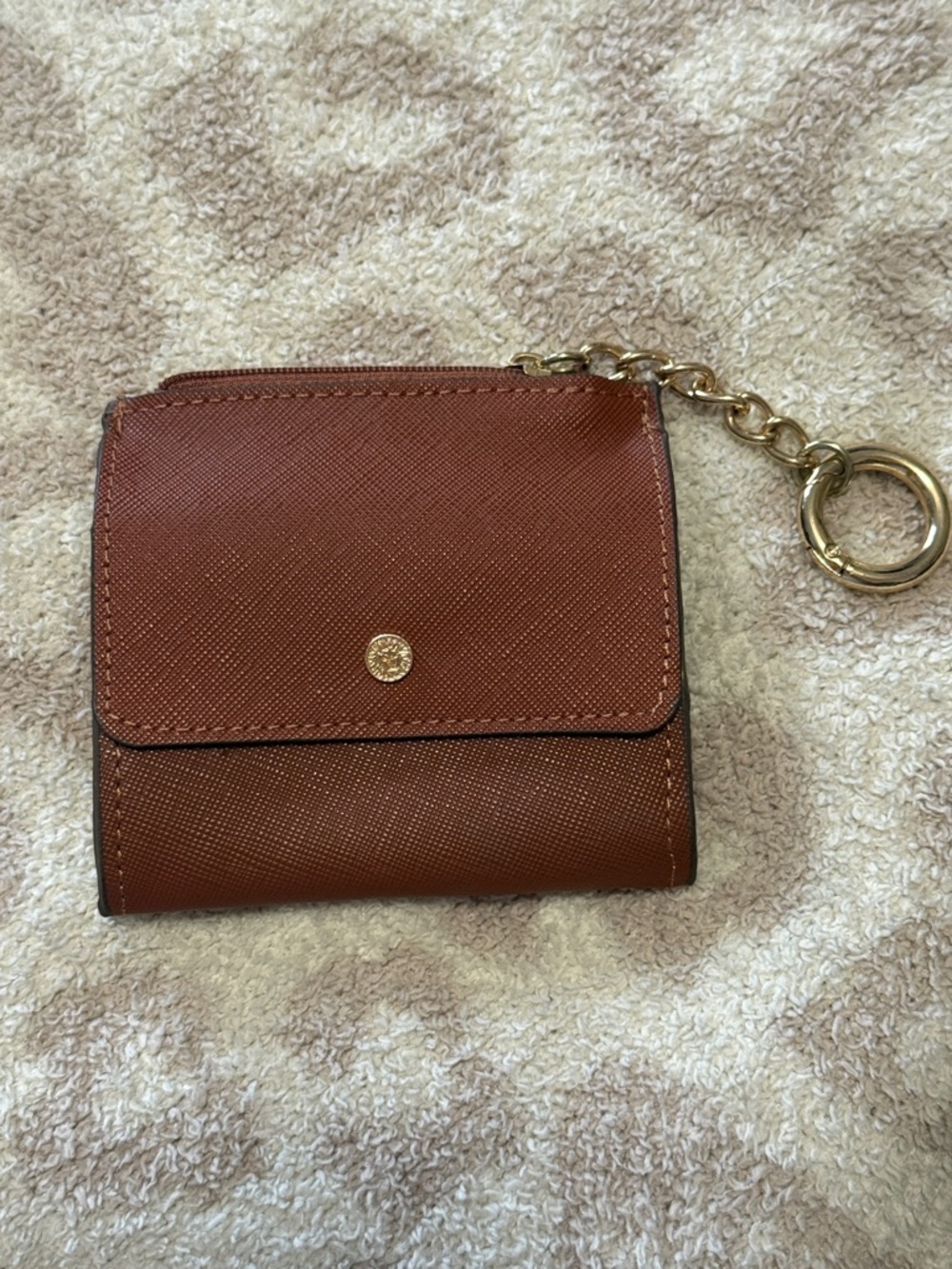 Anne Klein Tan Saffiano Leather Coin Wallet with Gold-Tone Snap